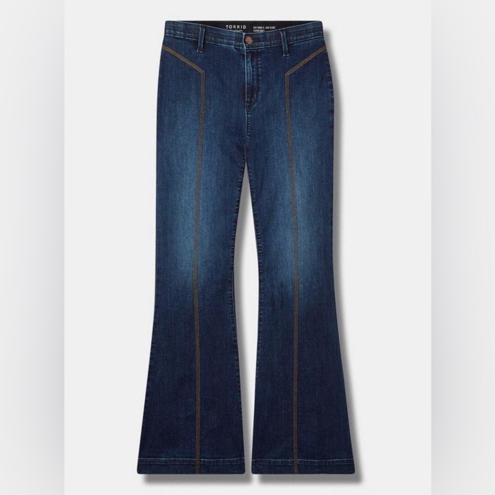 Torrid Axis W/ Metalic Embroidery Sky High Flare Super Soft Jean, Sz 12 Tall